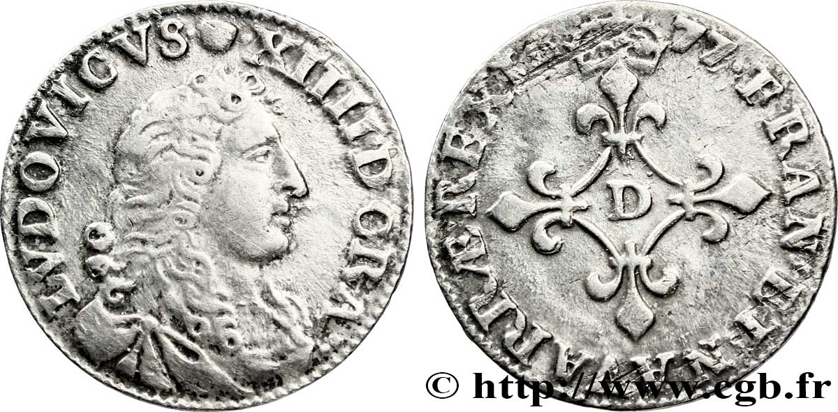 LOUIS XIV LE GRAND OU LE ROI SOLEIL Quatre sols à la croix formée de lis 1677 Vimy-en-Lyonnais (actuellement Neuville-sur-Saône) TB+