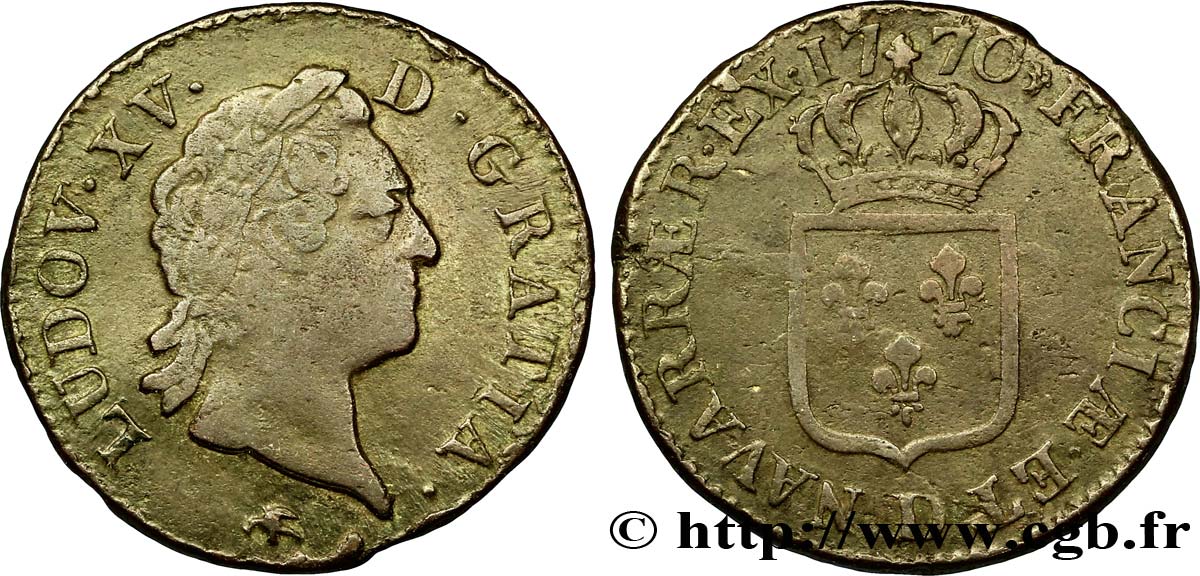 LOUIS XV DIT LE BIEN AIMÉ Sol dit &nbsp;à la vieille tête&nbsp; 1770 Lyon TB/TTB