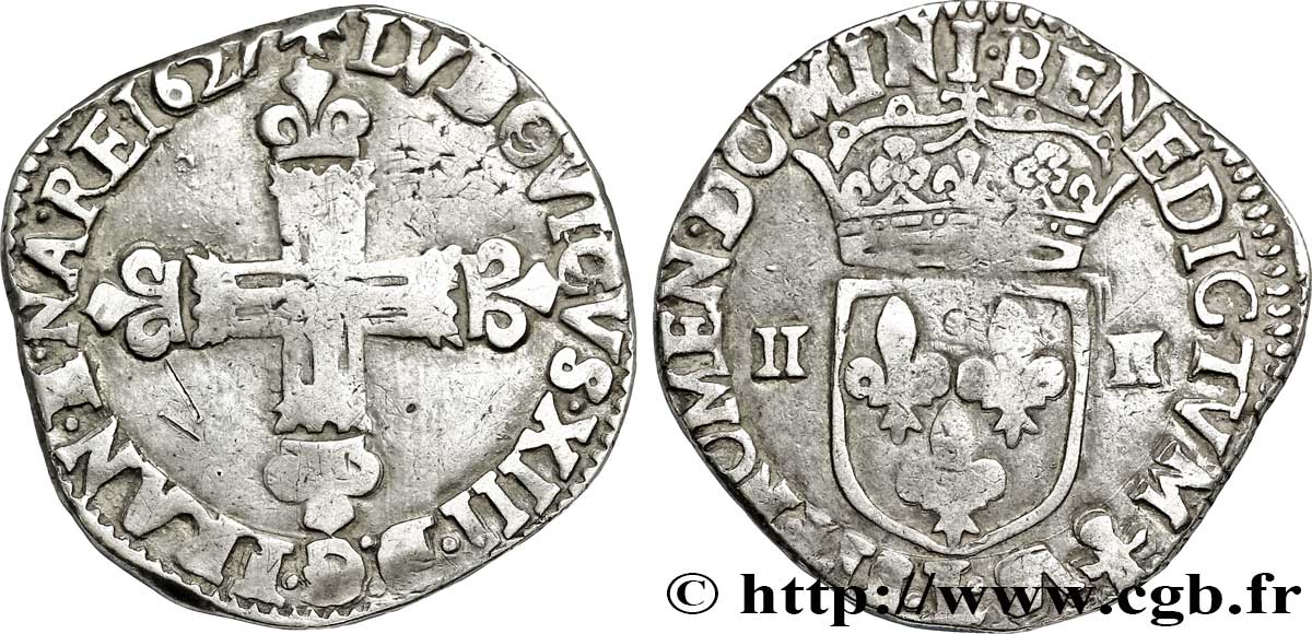 LOUIS XIII LE JUSTE Quart d&nbsp;écu, à la croix fleurdelisée, titulature côté croix 1627 Bayonne TB