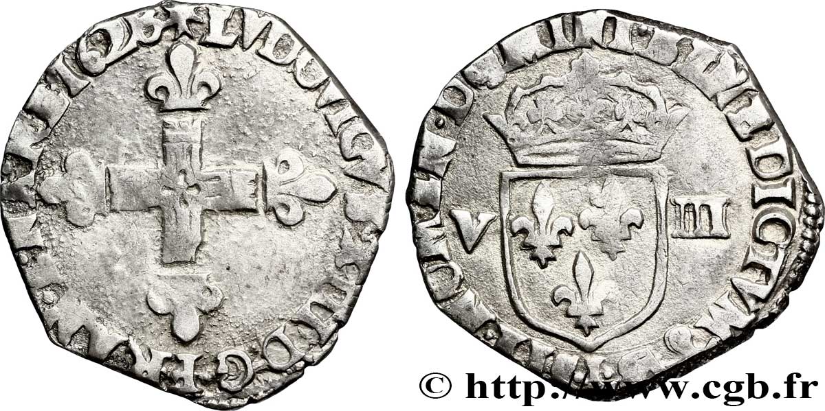 LOUIS XIII LE JUSTE Huitième d&nbsp;écu, à la croix fleurdelisée, titulature côté croix 1628 Bayonne TB