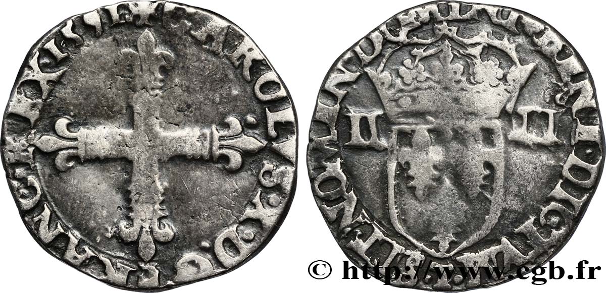 CHARLES X, CARDINAL DE BOURBON Quart d&nbsp;écu, croix de face 1591 Nantes TB+