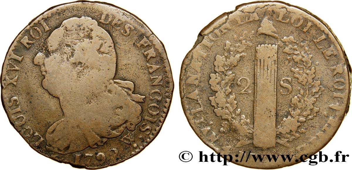 LOUIS XVI (MONARQUE CONSTITUTIONNEL)  2 sols dit &nbsp;au faisceau&nbsp;, type FRANÇOIS 1792 Arras TB