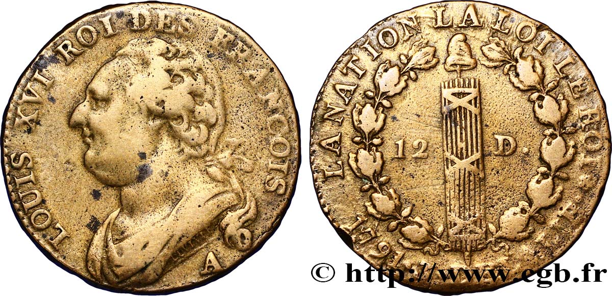 LOUIS XVI (MONARQUE CONSTITUTIONNEL)  12 deniers dit &nbsp;au faisceau&nbsp;, type FRANCOIS 1791 Paris, Monnaie du Louvre TB+
