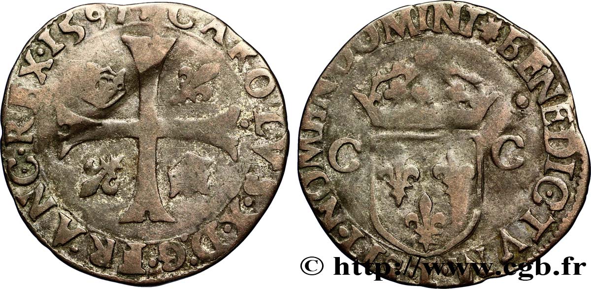 CHARLES X, CARDINAL DE BOURBON Douzain aux deux C, 3e type 1597 Nantes TB+