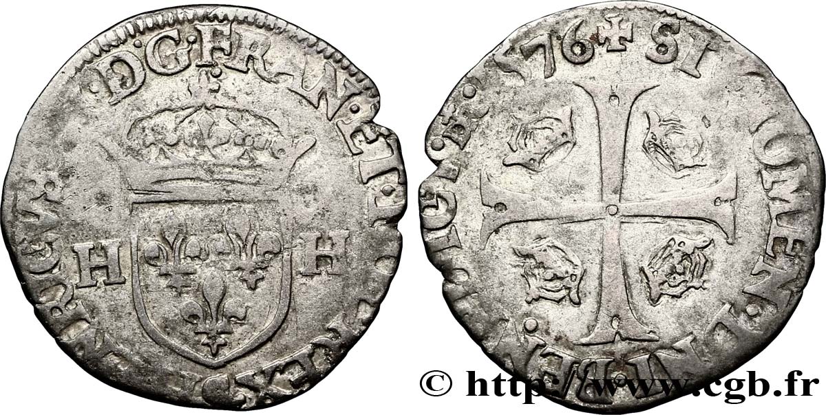 HENRY III Douzain aux deux H, 1er type 1576 Troyes VF