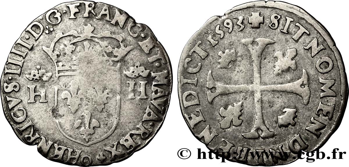 HENRI IV LE GRAND Douzain aux deux H couronnées, 9ème type 1593 Clermont-Ferrand TB+