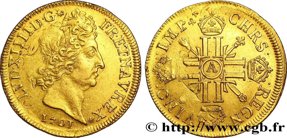 LOUIS XIV  THE SUN KING  Double louis d or aux huit L et aux insignes 1701 Paris SS/fVZ
