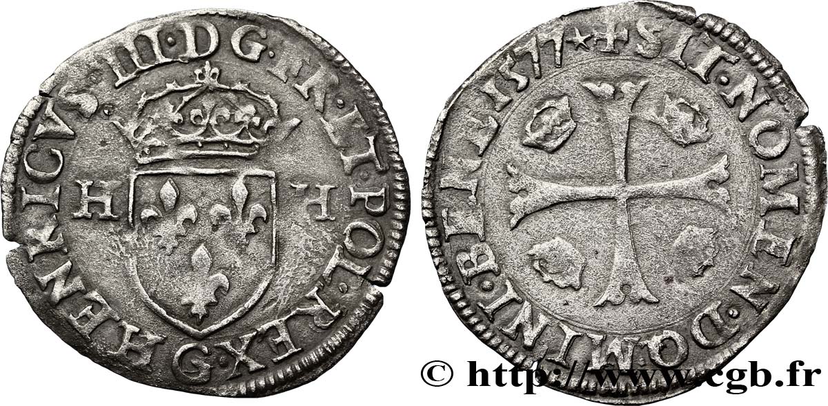 HENRI III Douzain aux deux H, 1er type 1577 Poitiers TB+
