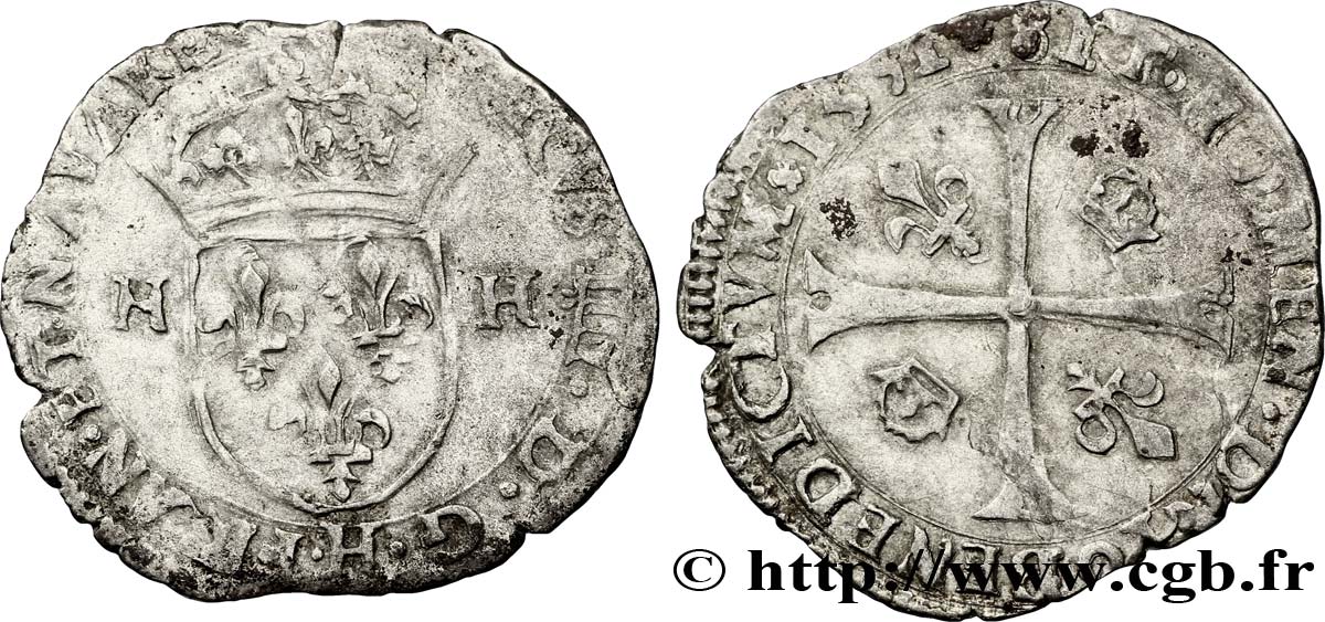HENRI IV LE GRAND Douzain aux deux H, 2e type 1591 La Rochelle TB+