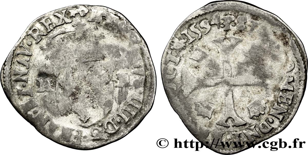 HENRI IV LE GRAND Douzain aux deux H, 1er type 1594 Le Lauzet B+