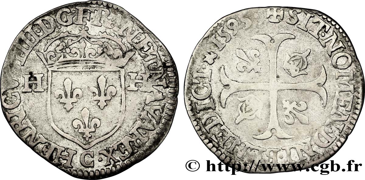 HENRI IV LE GRAND Douzain aux deux H, 2e type 1595 Saint-Lô TTB