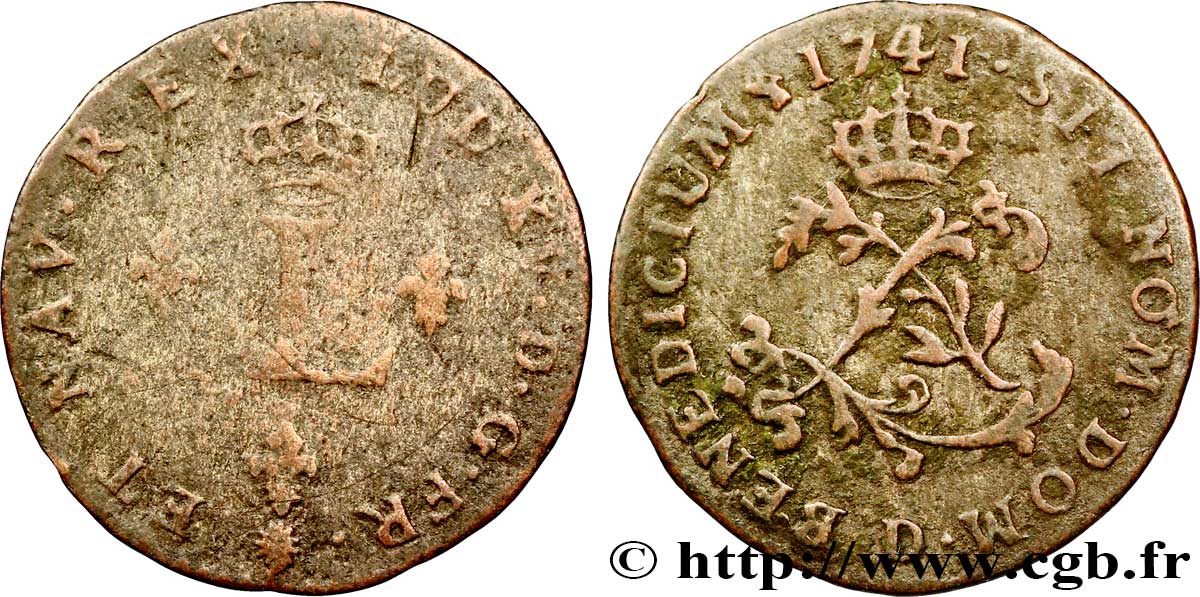 LOUIS XV DIT LE BIEN AIMÉ Double sol de billon 1741 Lyon TB