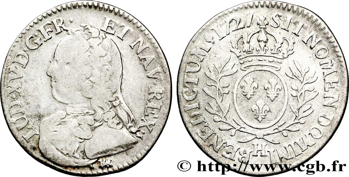 LOUIS XV DIT LE BIEN AIMÉ Cinquième d&nbsp;écu aux branches d&nbsp;olivier, buste habillé 1727 La Rochelle TB