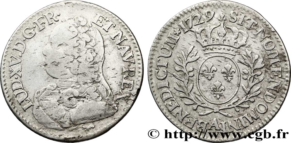 LOUIS XV DIT LE BIEN AIMÉ Cinquième d&nbsp;écu aux branches d&nbsp;olivier, buste habillé 1729 Paris TB/TTB