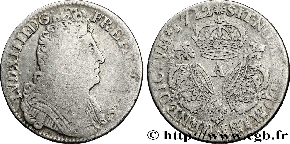 LOUIS XIV LE GRAND OU LE ROI SOLEIL Quart d&nbsp;écu aux trois couronnes 1712 Paris TB