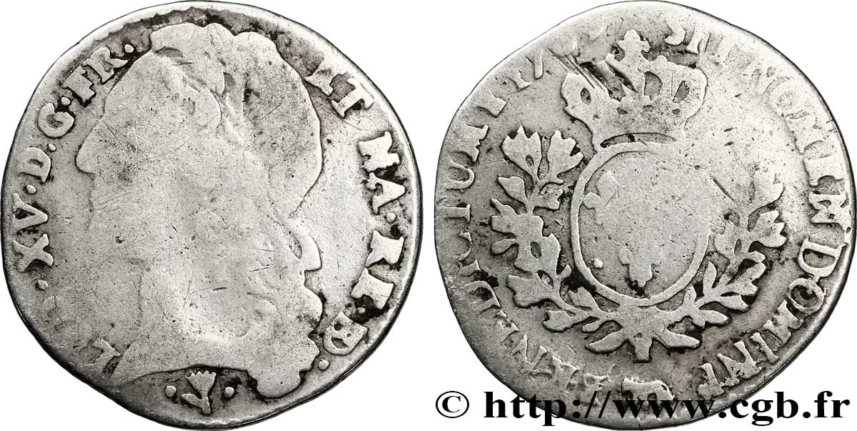 LOUIS XV DIT LE BIEN AIMÉ Dixième d&nbsp;écu aux branches d’olivier, tête ceinte d’un bandeau 1769 Pau B+