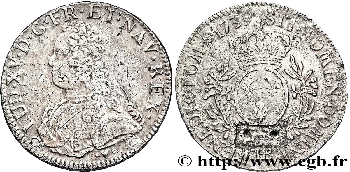LOUIS XV DIT LE BIEN AIMÉ Écu aux branches d&nbsp;olivier, buste habillé 1739 Strasbourg TB