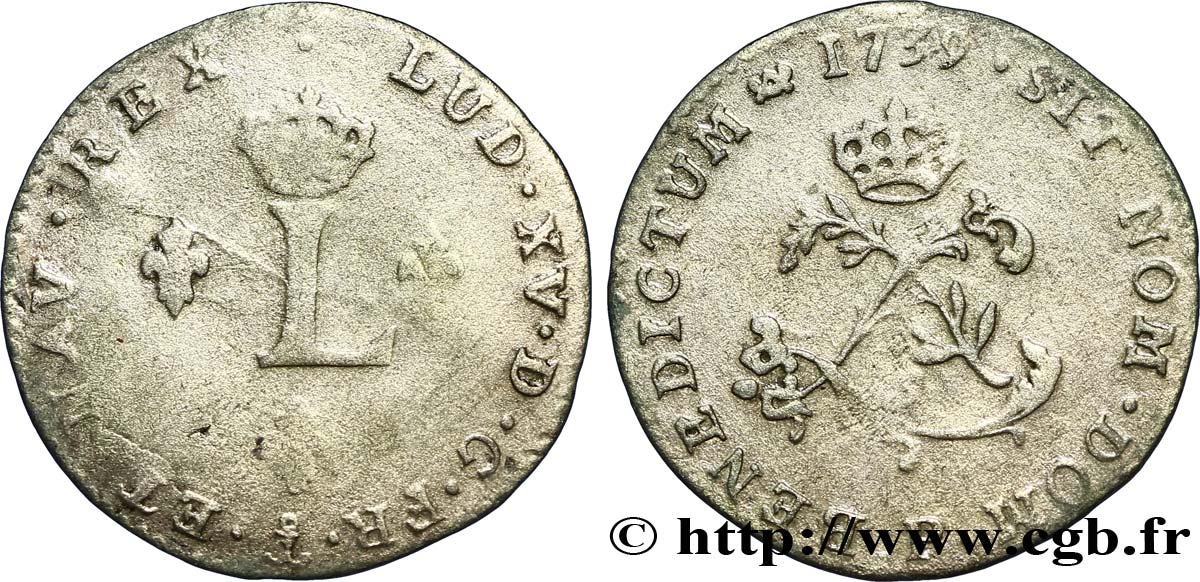 LOUIS XV DIT LE BIEN AIMÉ Double sol de billon 1739 Dijon TB+