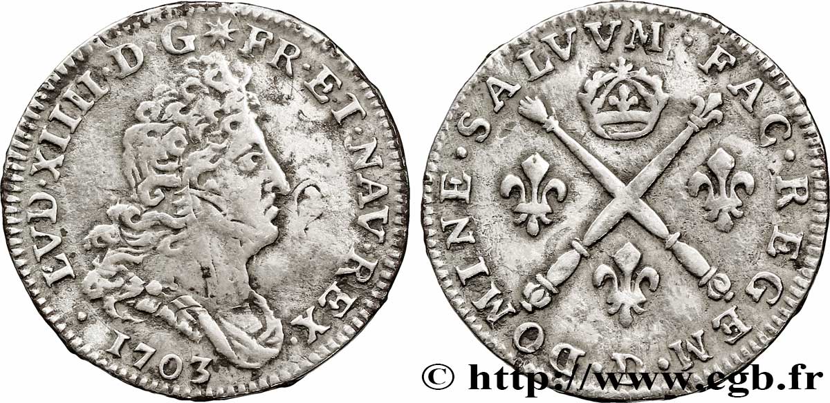 LOUIS XIV LE GRAND OU LE ROI SOLEIL Cinq sols aux insignes 1703 Lyon TB+