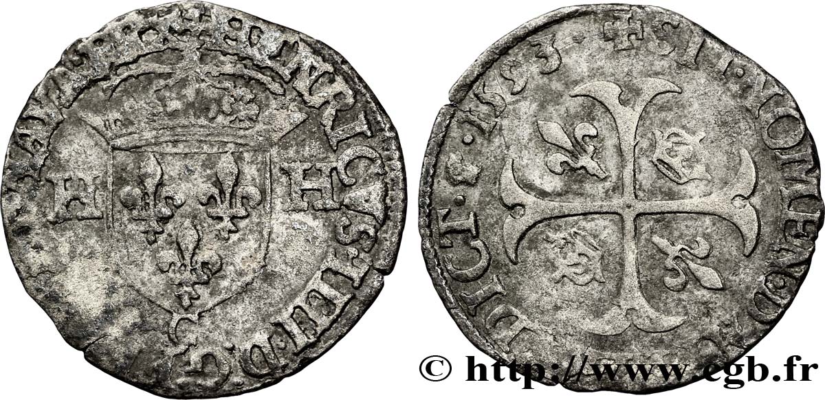 HENRI IV LE GRAND Douzain aux deux H, 2e type 1593 Saint-Lô TB