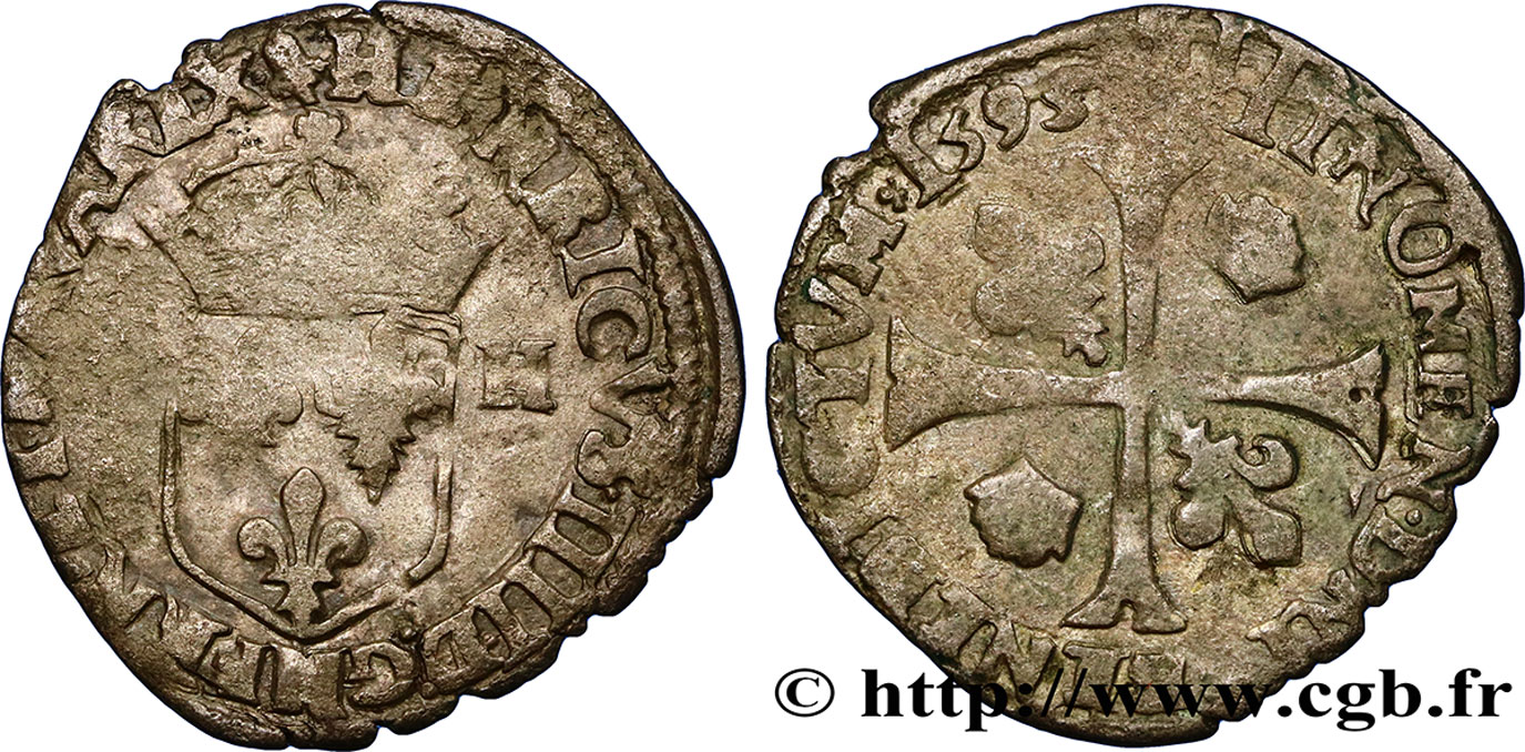 HENRI IV LE GRAND Douzain aux deux H, 2e type, légende fautive avec FRN 1595 La Rochelle TB