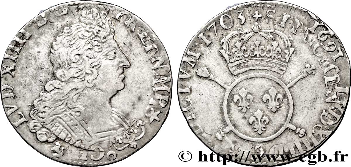 LOUIS XIV LE GRAND OU LE ROI SOLEIL Quart d&nbsp;écu aux insignes 1703 Rennes TTB