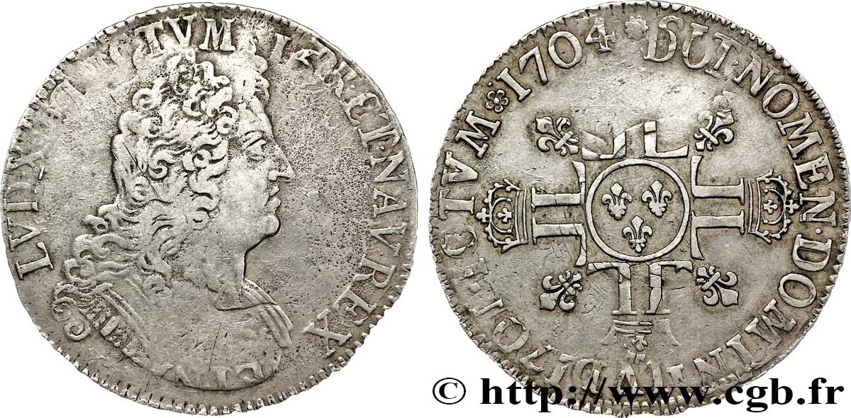 LOUIS XIV LE GRAND OU LE ROI SOLEIL Écu aux huit L, 2e type 1704 Paris TB+/TTB
