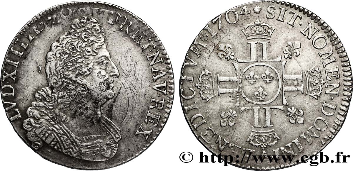 LOUIS XIV LE GRAND OU LE ROI SOLEIL Demi-écu aux huit L 1704 Paris TB+