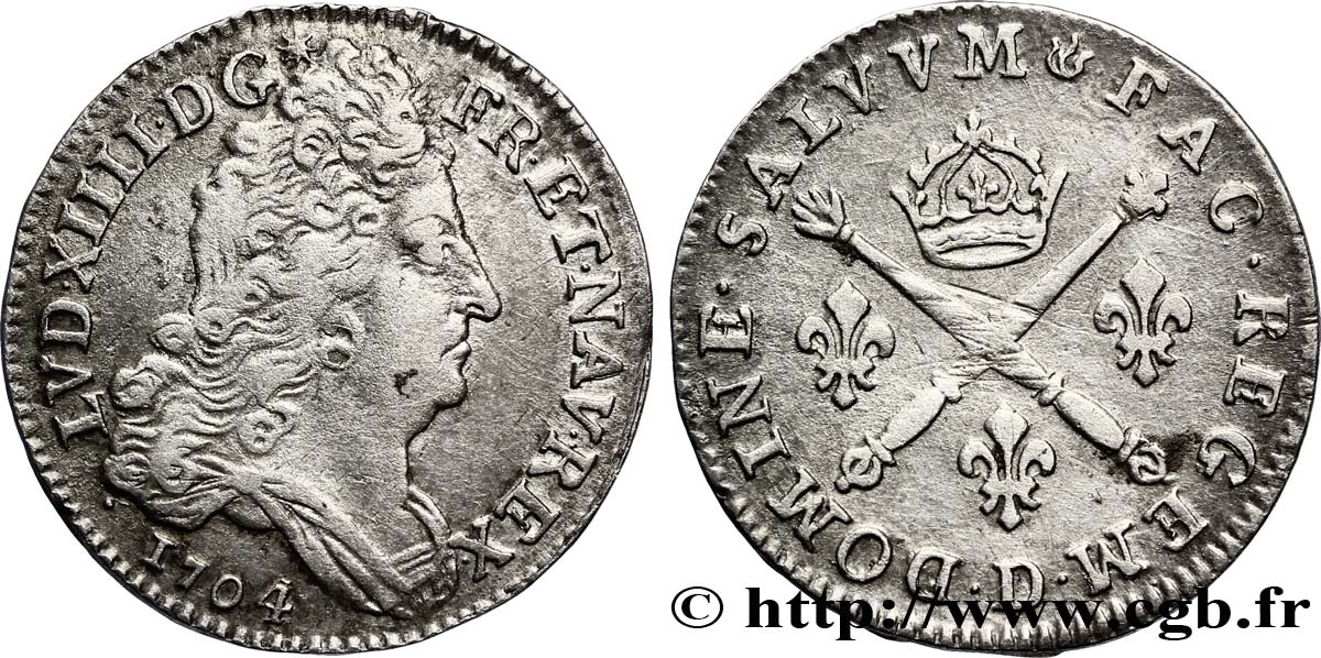 LOUIS XIV  THE SUN KING  10 sols aux insignes 1704 Lyon XF