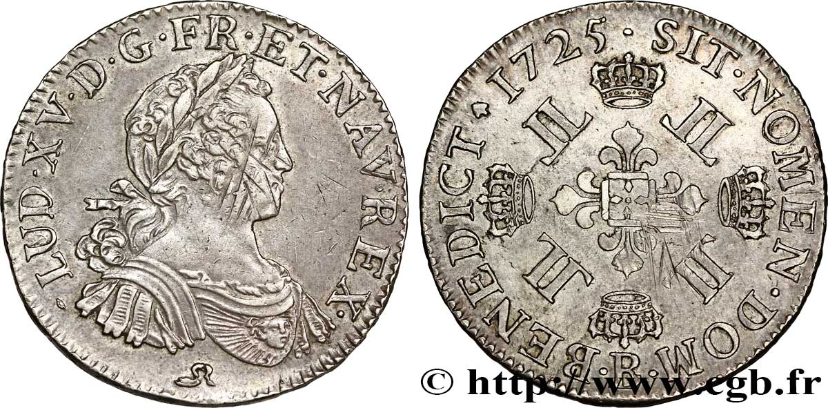 LOUIS XV DIT LE BIEN AIMÉ Demi-écu à la croix fleurdelisée couronnée et aux huit L 1725 Rouen TTB+
