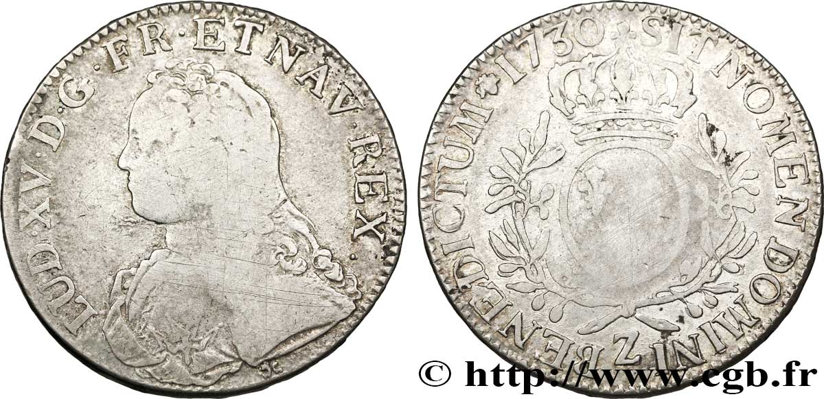 LOUIS XV DIT LE BIEN AIMÉ Écu aux branches d&nbsp;olivier, buste habillé 1730 Grenoble B+