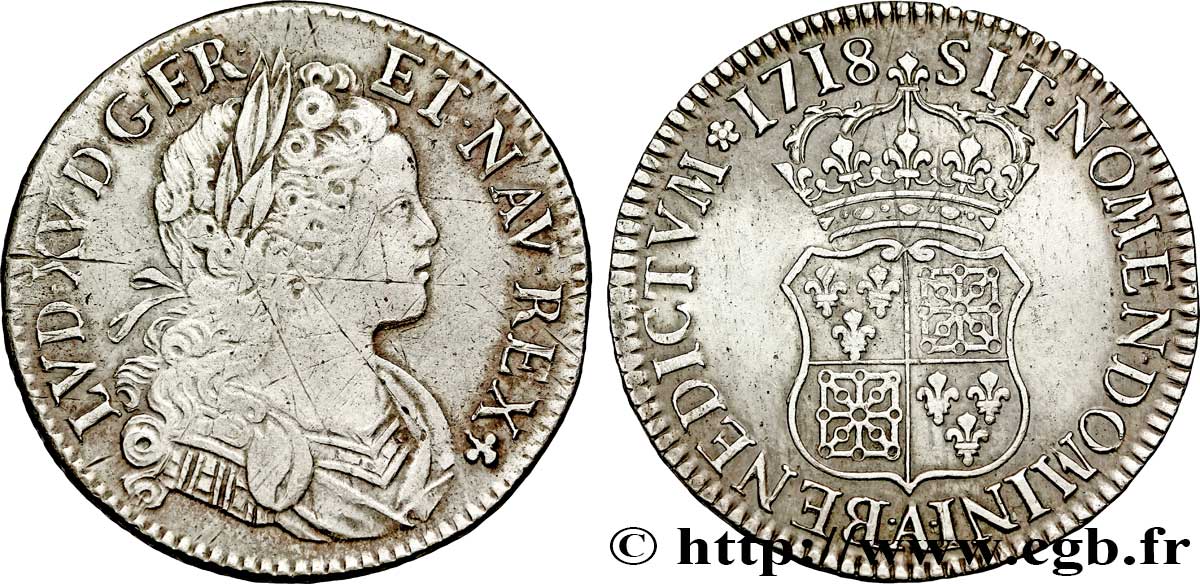 LOUIS XV DIT LE BIEN AIMÉ Écu dit &nbsp;de France-Navarre&nbsp; 1718 Paris TTB/TTB+