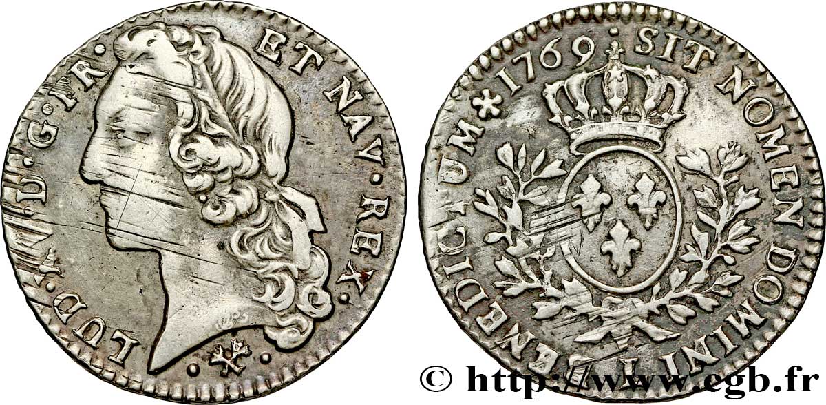 LOUIS XV DIT LE BIEN AIMÉ Cinquième d’écu aux branches d’olivier, tête ceinte d’un bandeau 1769 Bayonne TB+