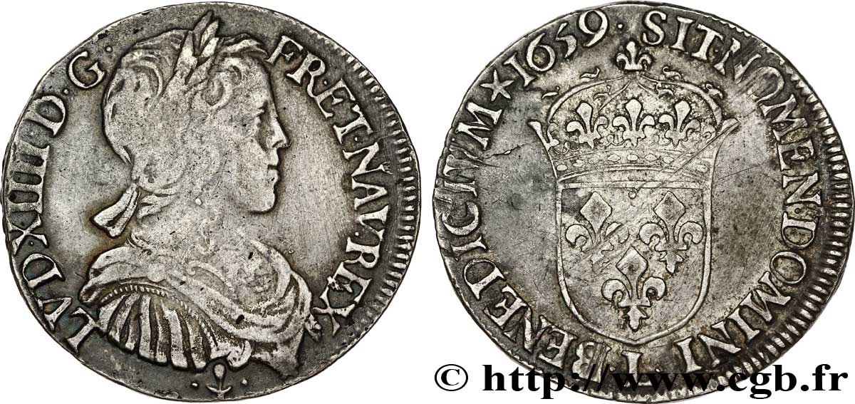 LOUIS XIV LE GRAND OU LE ROI SOLEIL Demi-écu, portrait à la mèche longue 1659 Bayonne TB+