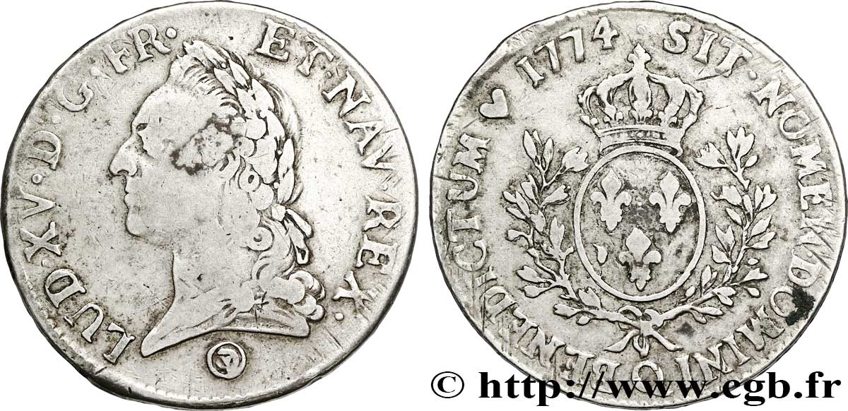 LOUIS XV DIT LE BIEN AIMÉ Écu aux branches d’olivier, buste lauré 1774 Perpignan TB+