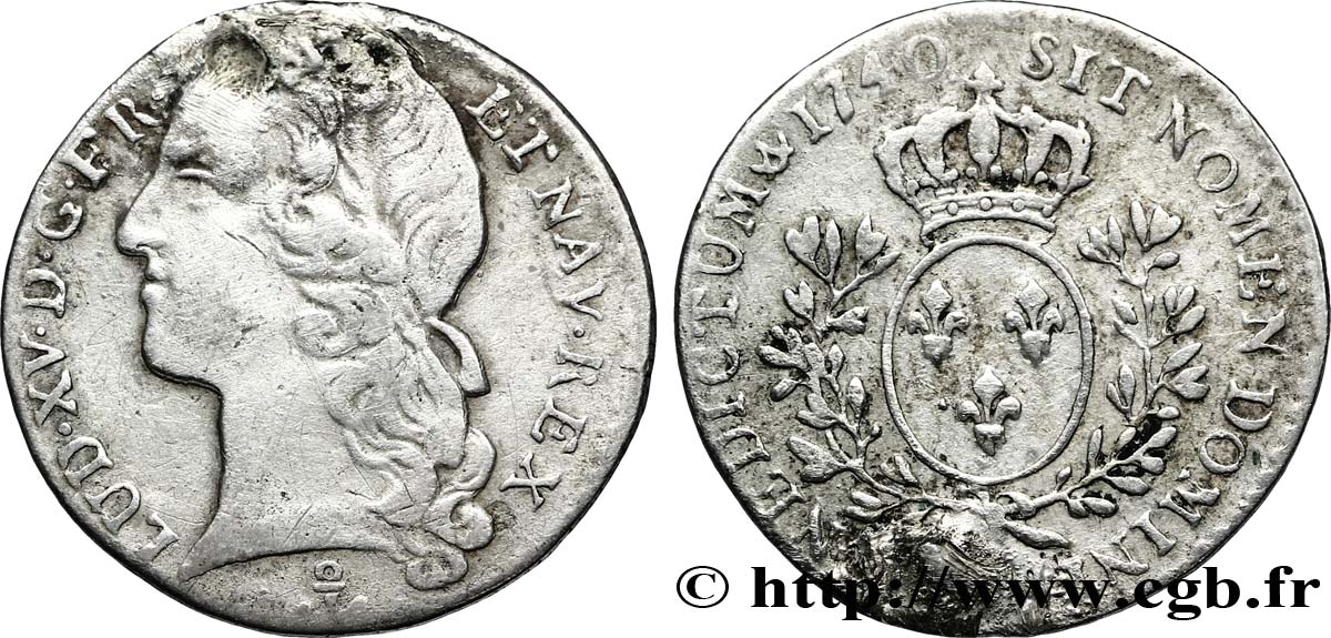 LOUIS XV DIT LE BIEN AIMÉ Dixième d&nbsp;écu aux branches d’olivier, tête ceinte d’un bandeau 1740 Dijon TB+