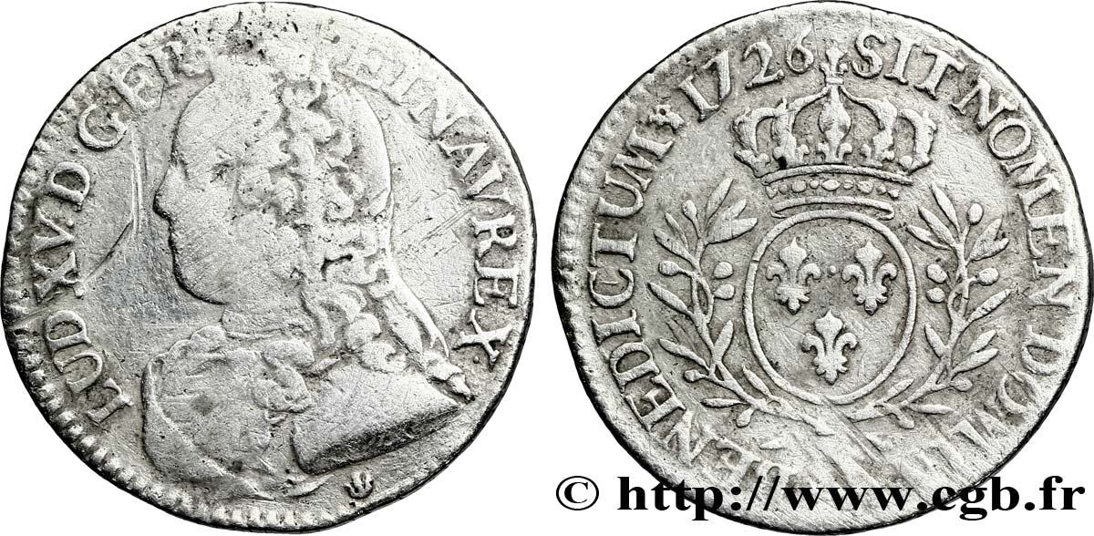 LOUIS XV DIT LE BIEN AIMÉ Cinquième d&nbsp;écu aux branches d&nbsp;olivier, buste habillé 1726 Lyon TB