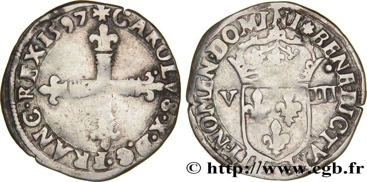 CHARLES X, CARDINAL OF BOURBON Huitième d écu, croix de face 1597 Nantes VF