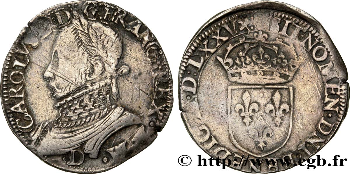 HENRY III. COINAGE IN THE NAME OF CHARLES IX Teston, 11e type 1575 Lyon XF/VF