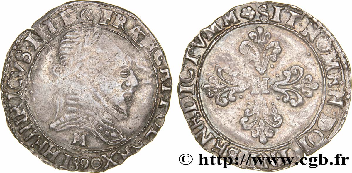 LIGUE. COINAGE AT THE NAME OF HENRY III Demi-franc au col plat 1590 Toulouse fSS