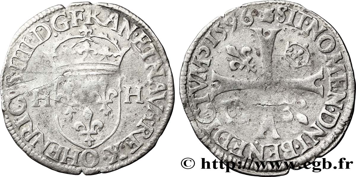 HENRI IV LE GRAND Douzain aux deux H, 2e type 1596 Riom TTB
