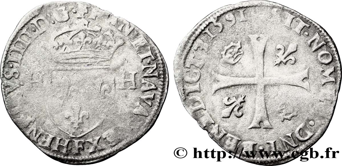 HENRY IV Douzain aux deux H, 2e type 1591 Angers BC+
