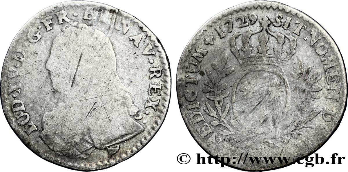 LOUIS XV DIT LE BIEN AIMÉ Dixième d’écu aux branches d’olivier, buste habillé 1729 Limoges B