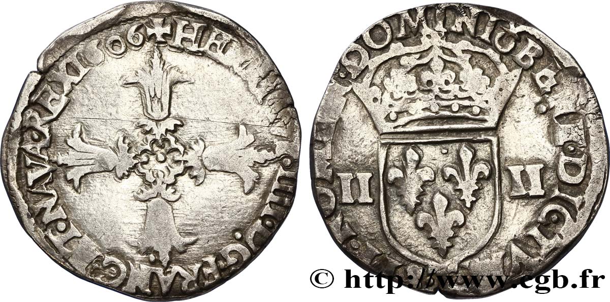 HENRI IV LE GRAND Quart d écu, croix feuillue de face 1606 Nantes TB+