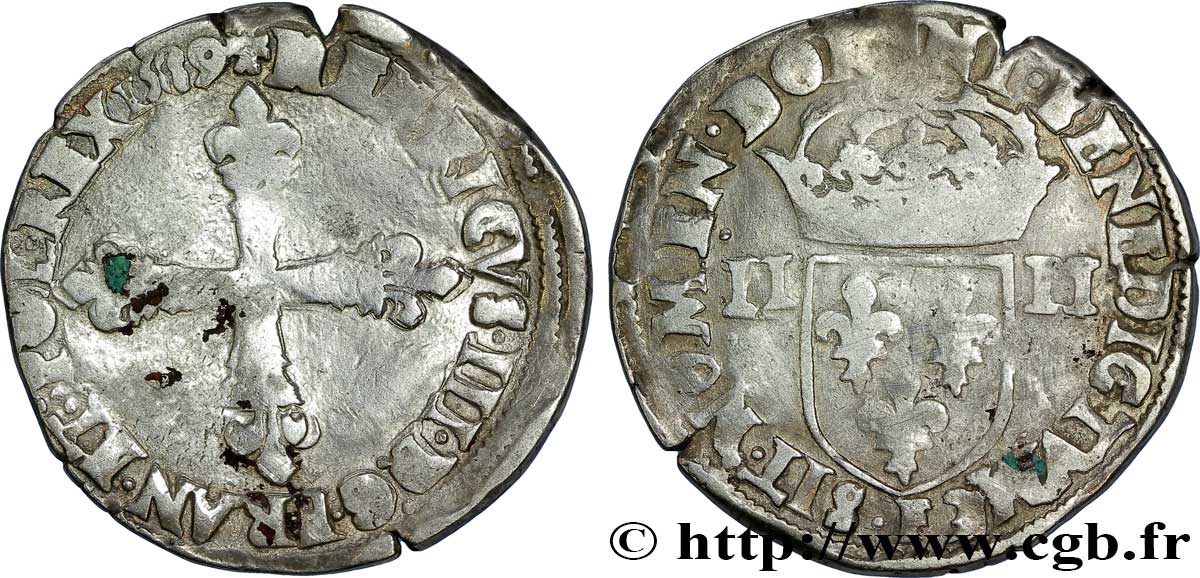 HENRI III Quart d&nbsp;écu, croix de face 1589 Angers TB+