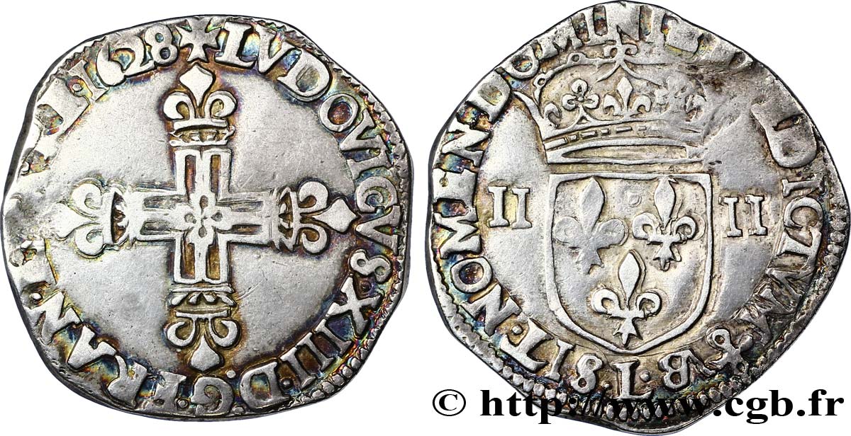 LOUIS XIII  Quart d écu, à la croix fleurdelisée, titulature côté croix 1628 Bayonne MBC
