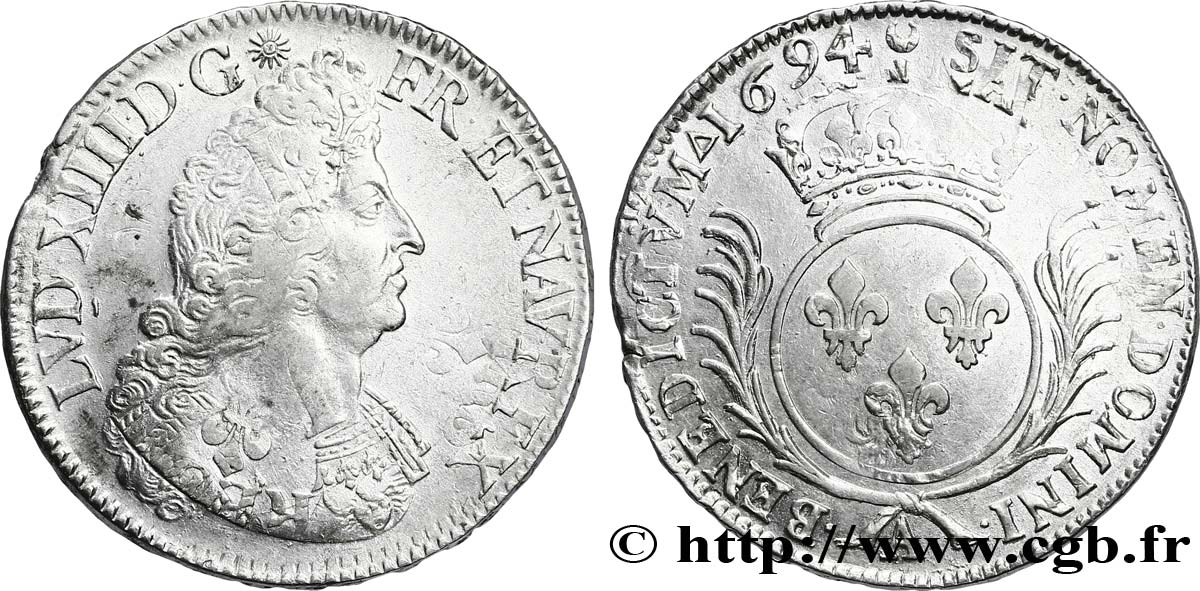 LOUIS XIV LE GRAND OU LE ROI SOLEIL Écu aux palmes 1694 Paris TTB