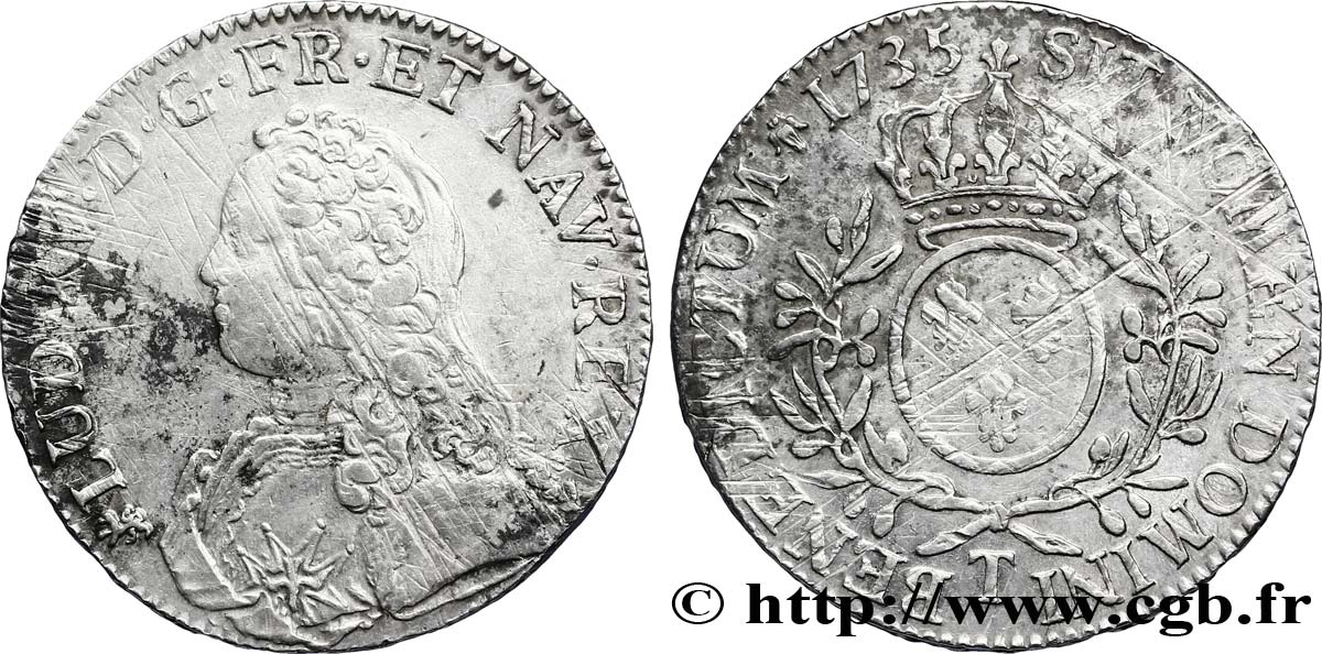 LOUIS XV  THE WELL-BELOVED  Écu aux branches d olivier, buste habillé 1735 Nantes fSS