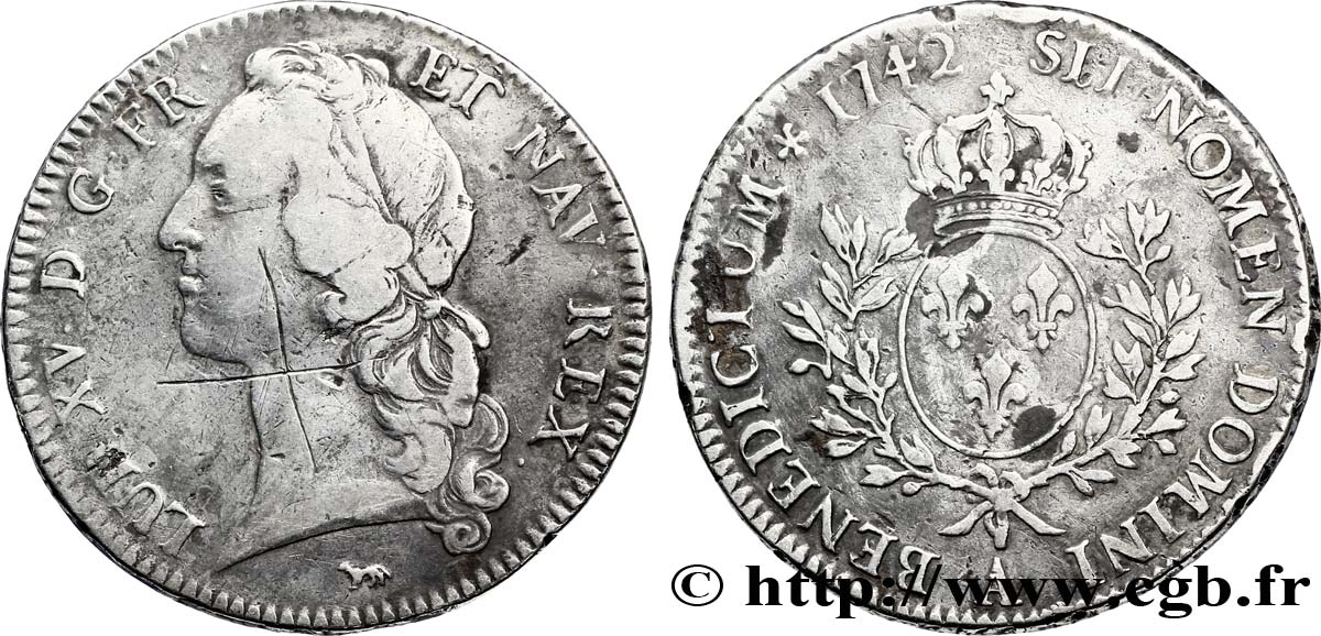 LOUIS XV DIT LE BIEN AIMÉ Écu aux branches d’olivier, tête ceinte d’un bandeau 1742 Paris TB