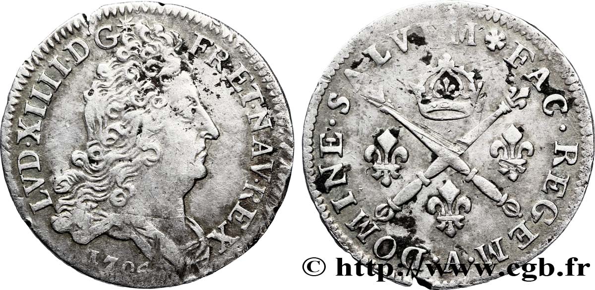 LOUIS XIV  THE SUN KING  10 sols aux insignes 1704 Paris BC+
